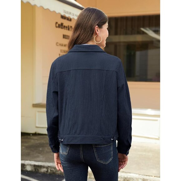 Women Navy Corduroy Cropped Shacket Button Down Long Sleeve Casual Coat - Picture 4 of 6